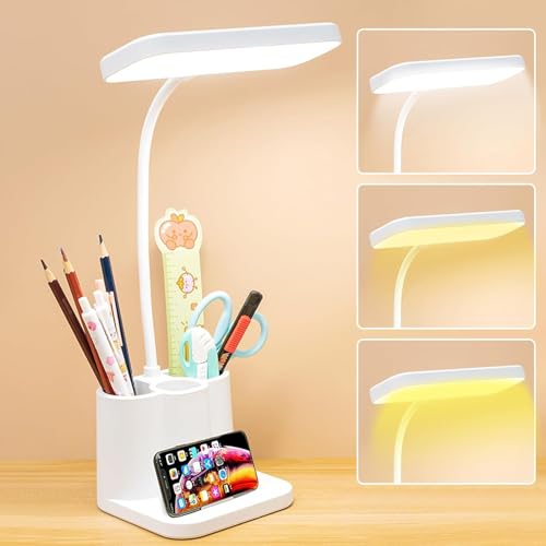SPORWAY Lámpara de escritorio LED, lámpara de escritorio regulable en 3 colores, lámpara de escritorio para niños, carga USB, lámpara de lectura con soporte para bolígrafo, lámpara de noche de cuello