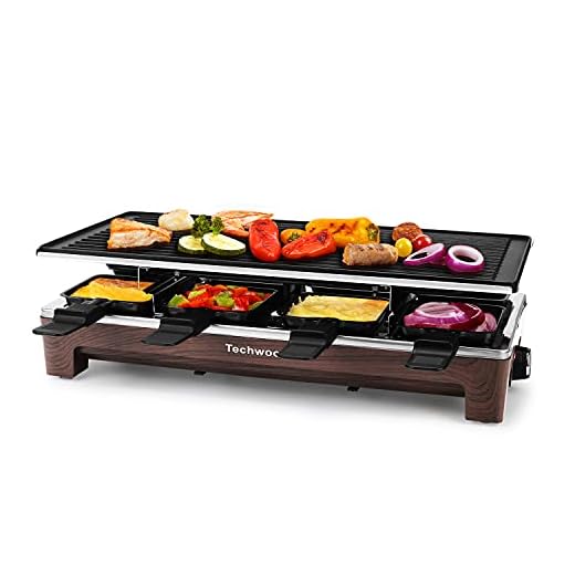 Raclette Table Grill, Techwood Electric Indoor Grill Korean BBQ Grill, Removable 2-in-1 Non-Stick Grill Plate, 1500W Fast Heating with 8 Cheese Melt Pans, Ideal for Parties and Family Fun (Wood Grain)