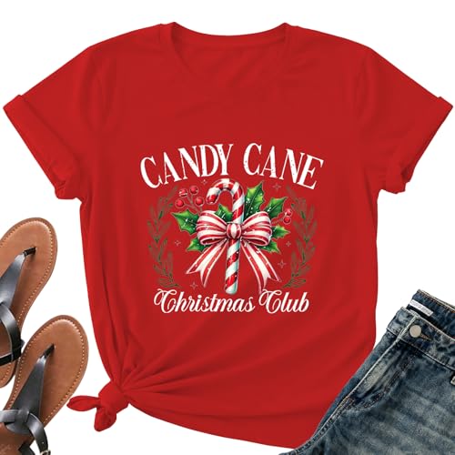 Candy Cane Christmas Club Shirts for Women - Xmas Bow Holiday Short Sleeve Festive Holly Tee Tops