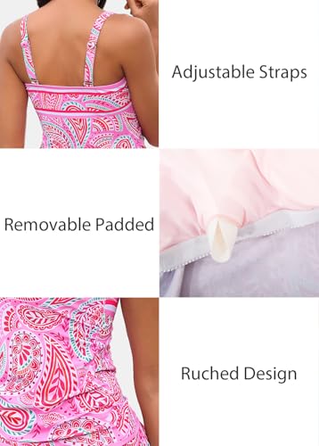 Image of ROSEWE Womens Tummy Control Tankini Bathing Suits, Two Piece Ruched Swimsuits, Floral Print Swimdress with Skirt