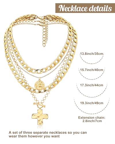 MJartoria Gold Layered Necklaces for Women Trendy Retro Coin and Cross Pendant Necklace Dainty Chunky Chain Necklaces for Jewelry Birthday Gifts4