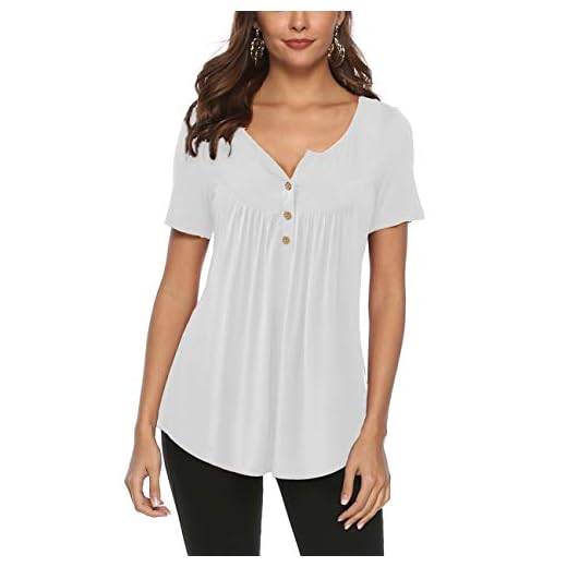 FeelinGirl Mujer Camisetas Sólido de Manga Corta Tops Suave con Botones Blusa Casual Verano Negro L:Talla 42-44