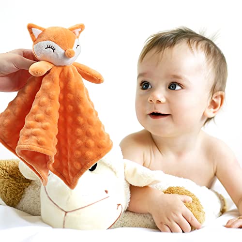 Image of CREVENT Soft Plush Animal Face Security Blankets for Boys and Girls, Great Gifts for Birthday Baby Shower (Orange Fox Lovey +10 inchX10 inch Tag)