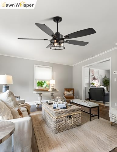 Image of Dawn Whisper 52 Inch Black Ceiling Fans with Lights Farmhouse Ceiling Fan with Remote for Bedroom Living Room Caged Classic Chandelier Fan for Indoor(NO Bulbs
