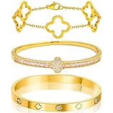 OSICAPEA Clover Bracelets for Women, Stainless Steel Four Leaf Clover Nail Bracelet, 18K Gold Plated Cubic Zirconia Stackable Bracelet, Lucky Love Cuff Bangle, Birthday Gift for Women