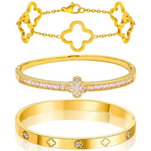 OSICAPEA Clover Bracelets for Women, Stainless Steel Four Leaf Clover Nail Bracelet, 18K Gold Plated Cubic Zirconia Stackable Bracelet, Lucky Love Cuff Bangle, Birthday Gift for Women