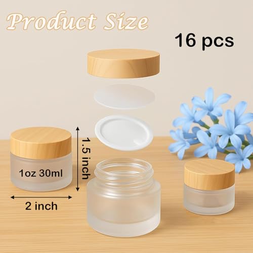 16Pcs Glass Cosmetic Container with Lid, 1 oz Frosted Glass Bottle, Reusable Empty Cosmetic Container Bottle for Lotion, Cream, Essential Oil, Scrub (30 Gram/30ml)2