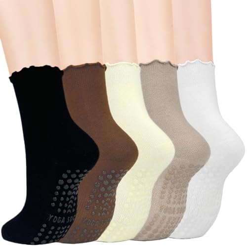 5 Pairs Pilates Socks with Grips for Women, Non Slip Cotton Ruffle Yoga Socks for Barre Workout Hospital