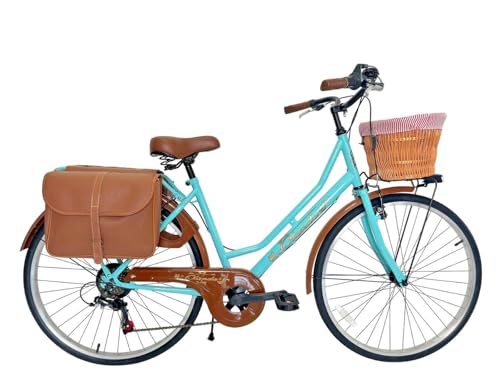 MADICKS Bicicleta de paseo Holanda para mujer, tamaño 26, bicicleta de ciudad vintage retro con cesta Tiffany – Turquesa con cambio de ciudad (Cestino de mimbre y bolsas)