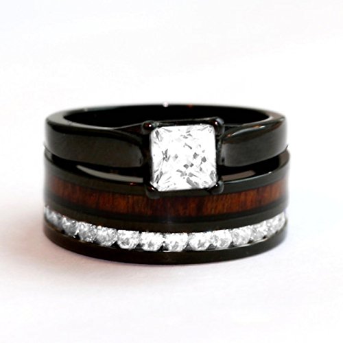 His & Hers Natural Koa Wood CZ 3 pcs Surgical Black Stainless Steel Engagement Wedding Rings set3