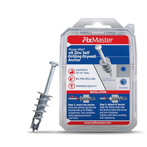 FixMaster #8 Zinc Plaster Bite Self-Drilling Drywall Anchors w/Screws (50 Anchors & 50 Screws) – Heavy Duty Zinc Hollow Wall Anchor Kit for 3/8', 1/2', 5/8' Drywall – 75 lbs Holding Strength