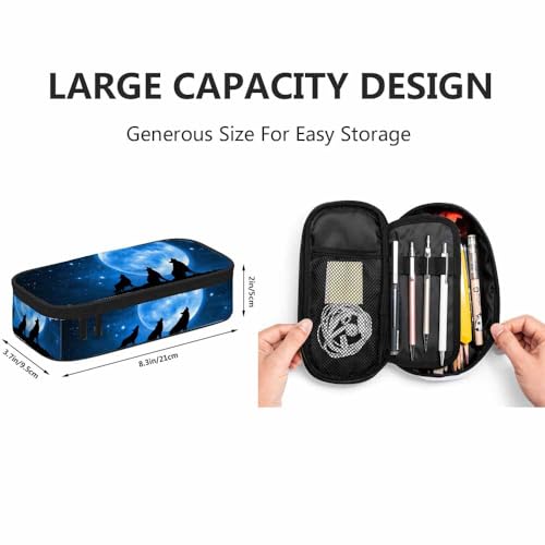 Image of Yekiua Wolf Pen Bag Mountain Wolves Full Moon Starry Sky Large Pencil Case Big Capacity Pencil Pouch Pencil Holder