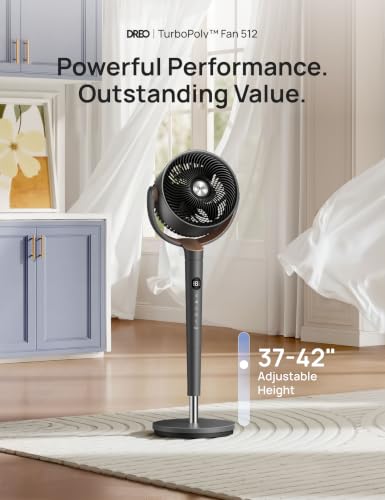 Image of DREO Fan for Bedroom, 120 Oscillating Standing Fans, Quiet Floor Fan with DC Motor, 100ft Pedestal Fans for Room, 9 Speeds, 4 modes, 120 Manual Vertical, 37-42 inch Adjustable Height, 8H Timer