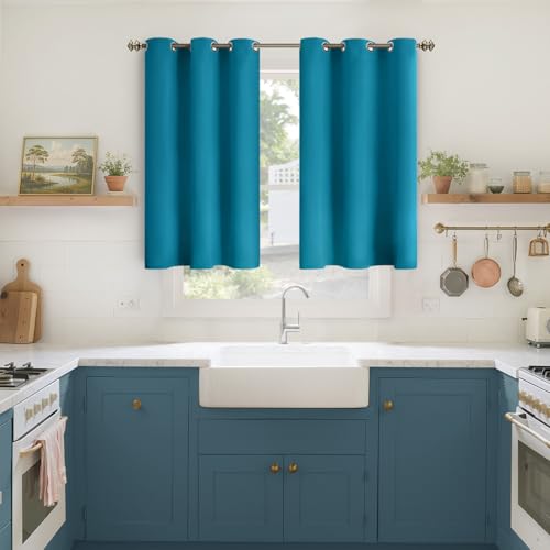 Image of YoungsTex Teal Blue Blackout Curtains 40 Inch Length for Kitchen Window - Short Thermal Insulated Drapes with Grommet Room Darkening for Bathroom Bedroom Window, 2 Panels, 42 x 40 Inch
