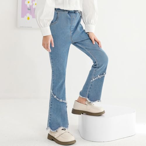 Girls Flare Jeans Split Hem Bell Bottom Pearl Denim Pants Elastic Waist Jean Streewear Trouser for Kids 5-16 Years4
