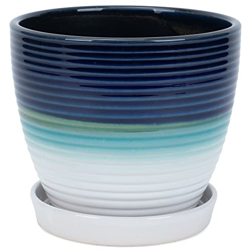 Napco Maceta de cerámica tricolor acanalada de 5.5 x 6 pulgadas, azul, verde, blanco y azul, con platillo