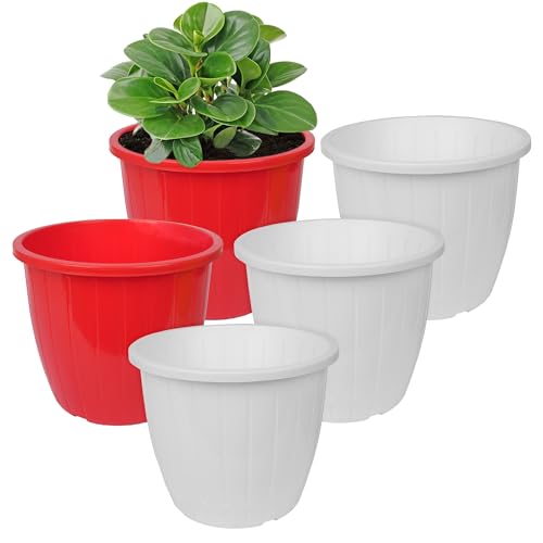 Image of Kuber Industries Flower Pot | Flower Pots for Indoor & Outdoor | Plastic Pot for Gardening | Planter for Flower | Balcony Pots for Home Decor | Duro Flower Pot | 10 Inch | Pack of 5 | Multi