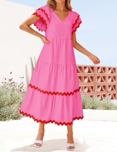 ZESICA Womens 2025 Summer Casual Midi Dresses V Neck Flutter Short Sleeve Ruffle Tiered A Line Flowy Beach Long Dress2