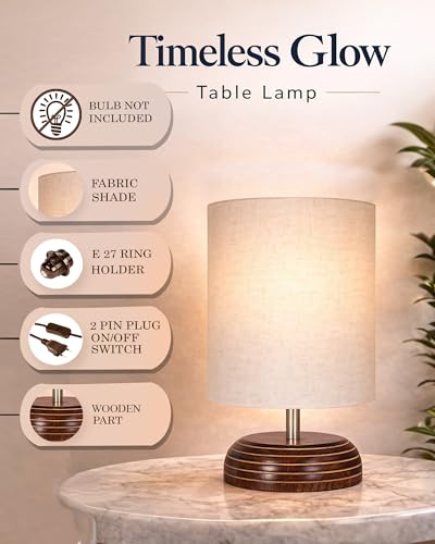 Image of Homesake Wooden Base Table Lamp with Fabric Drum Shade Aara | Warm Ambient Bedside Lamp for Bedroom, Living Room, Study, Office, Modern Classic Night Lamp Home Decor, (KD Khadi Shade)