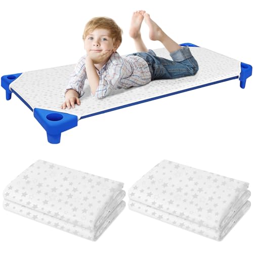 Image of Peryiter 4 Pcs Cot Sheets for Daycare Standard Size 24 inch x 51 inch Toddler Nap Mat Sheets Star Pattern with Corner Elastic Loops Breathable Bed Fitted Cot Crib for Preschool Child Kid Boy Girl (White)