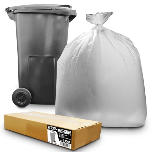 100 Pack | 1 Full Flat Packed Box | RE-GEN 270L 20kg Load Heavy Duty Clear Wheelie Bin Liners Refuse Sacks, Everyday Use, Industrial Strength Outside Transparent Garden Bin Bags 760/1145 x 1370mm