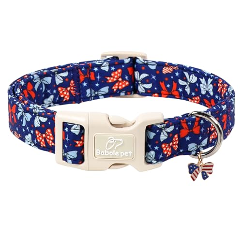 Babole Pet 4th of July Dog Collar Navy Patriotic Bow Dog Collars for Small Dogs - Lightweight Adjustable Independence Day Girl Puppy Collars Cute USA Flag Bow Female Dogs Collar S