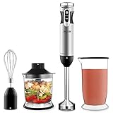 Betitay Immersion Blender, 4-In-1 Handheld Immersion Mixer for Smoothie & Juice, Variable Speed+Turbo Control,Stainless Steel Blending Rod & Blade, One Set with Whisk, Chopper, 24OZ Cup with Lid