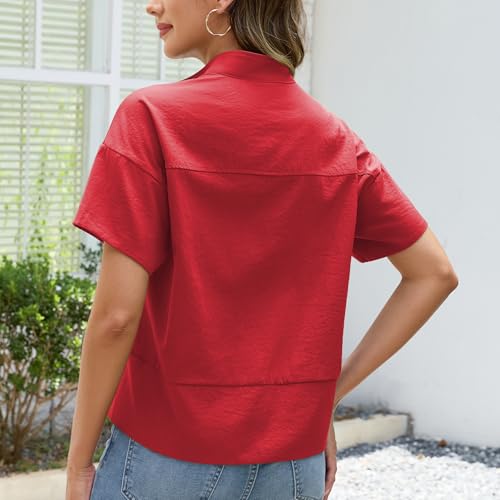 Ainangua Women Casual Button Down Shirts Oversized Short Sleeve Stand Collar Tops Trendy Work Blouses Summer Travel Outfits(Red,S)3
