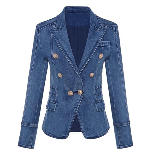 Women's Metal Button Double Breasted Slim Denim Blazer Jacket Casual Fashion High Street Suit Coat2