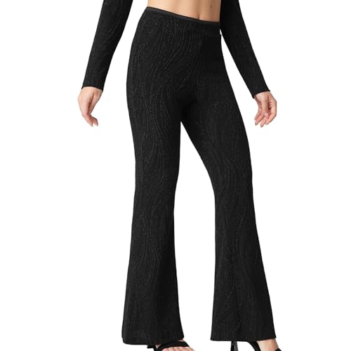 HAIGVYORN Womens High Waist Flared Pants Bell Bottom Trousers Pink Glitter Stretch Knit Wide Leg Pants Retro 70s Disco Party Festival ClubwearBlack XL