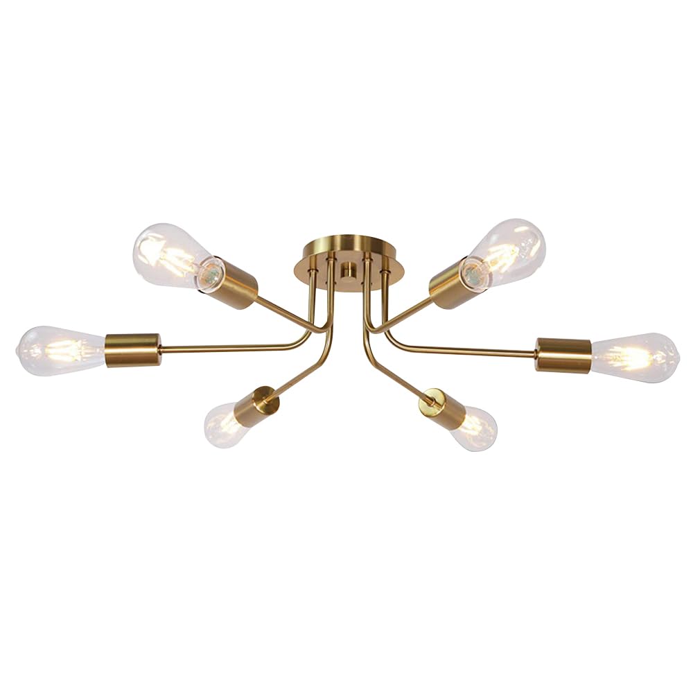 Vintage Ceiling Light, Industrial Semi Flush Mount Ceiling Light, Modern Chandelier Ceiling Light for Living Room, Bedroom, Kitchen, Dining (Gold 6-Heads)