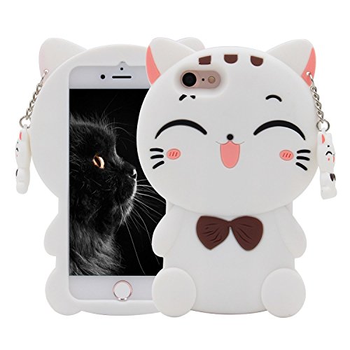 iPhone SE Case, Maoerdo Cute 3D Cartoon White Plutus Cat Lucky Fortune Cat Kitty with Bow Tie Silicone Rubber Phone Case Cover for Apple iPhone SE