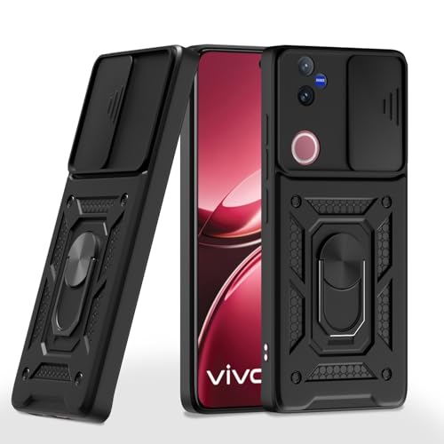 Image of Outlouders Back Cover for Vivo V50 5G | D10 Tough Armor 360 Protection Case with Sliding Camera Shield & Ring Holder Stand Bumper Case (Black)