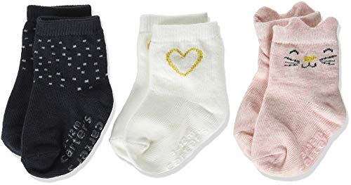 Carter's Baby Girls Cat and Heart Crew Sock 3 Pack, Pink/White/Navy, 0-3 Months
