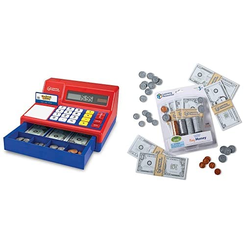 Learning Resources Pretend & Play Calculator Cash Register, Classic Counting Toy, Kids Cash Register,73 Pieces, Ages 3+ & Pretend and Play, Play Money, Counting, Math, Currency, 150 Pieces, Ages 3+