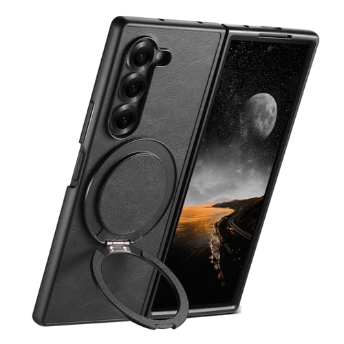 Étui Samsung Galaxy Z Fold 7 en cuir noir avec béquille rotative et support de charge sans fil