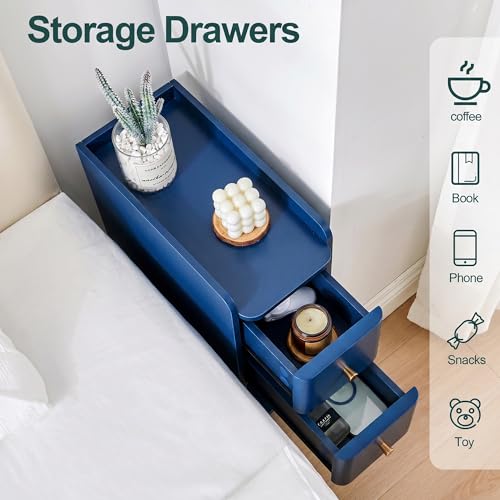 Image of FurSch Narrow Nightstand, Wooden 2 Drawer, Slim Side End Table, Blue, 1 pc