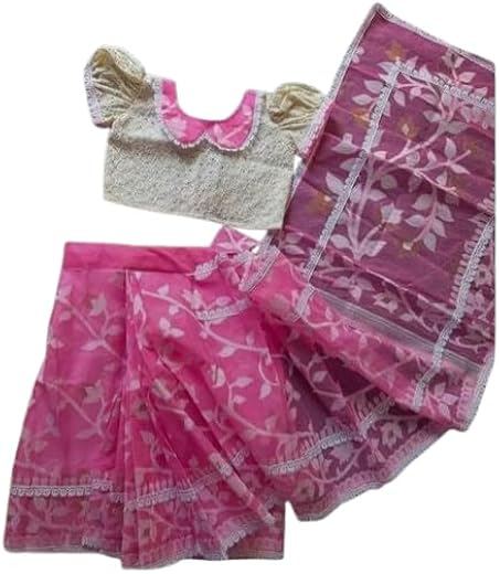 Pink & White Cotton Kid Girl's Saree & Blouse Clothing Set