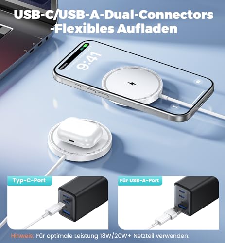 Mag-Safe Ladegerät 15W,Wireless Charger Induktive Ladestation Kompatibel für Phone 17/16/15/14/13/12 Serie und AirPods 4-2,starker Magnet,Zwei Anschlüsse,leicht für unterwegs,Homeoffice,Schreibtisch