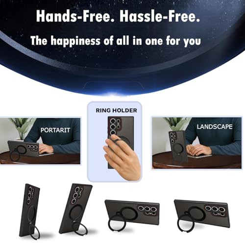 Image of RIGGEAR Shockproof Tough Hybrid Armor 360 Rotating Magnetic Ring Stand Back Cover Case Compatible with MagSafe Accessories for Samsung Galaxy S24 Ultra (Smoke Black Matte PC and Black TPU Bumper)