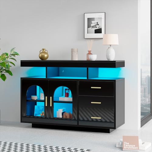 SACOOL Armario de cocina LED de 120 cm, armario con cajones, aparador de salón, armario de cocina de alto brillo con luces de 16 colores para el comedor (negro)