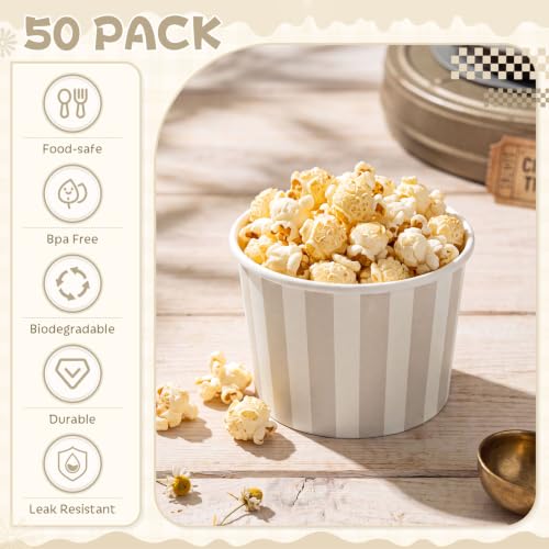 Image of Zopeal 50 Count Beige Striped Ice Cream Cups Disposable Dessert Bowls | 9 oz Paper Ice Cream Bowls, Birthday Party Supplies, Snack Cups Sundae Picnic Yogurt Bowls for Food