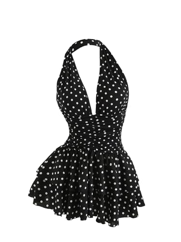 OYOANGLE Women's Polka Dots A Line Mini Halter Top Dress Backless Ruched Layered Ruffle Dresses