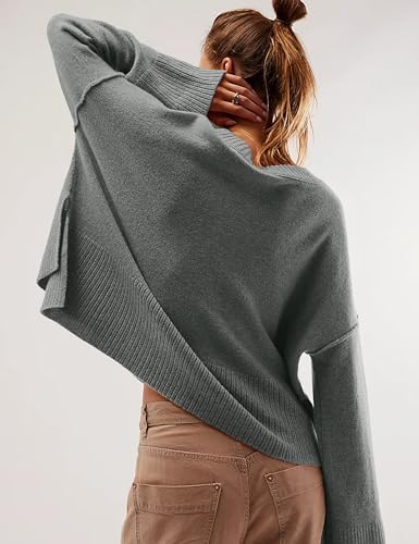 Image of Womens Lightweight Sweaters Crewneck Bell-Style Sleeve Batwing Knit Tops Slouchy Soft Pullover Jumpers(Darkgrey-M)