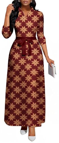Image of Maxi Dresses for Women Casual Long Sleeve Crewneck Floor Length Dress | Floral Print,Swing,Soft Fabric,with Belt and Pockets