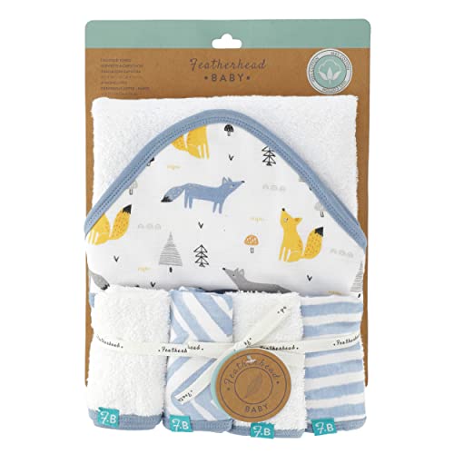 Featherhead™ 5-Piece Hooded Bath Towel & Washcloths Set For Baby Boy & Baby Girl - Ultra Soft And Extra Absorbent - Newborn Essential & Perfect Baby Registry Gift (Blue Foxes) #TOP9