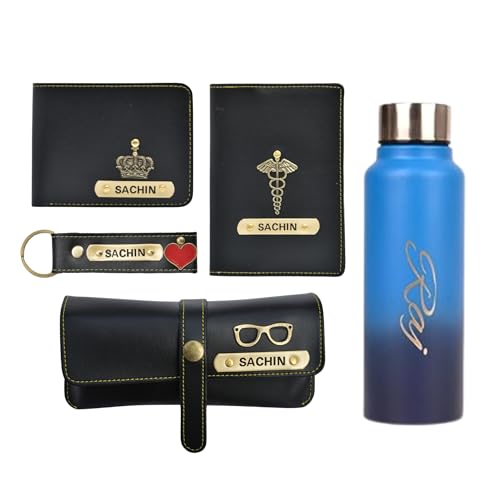 YOUR GIFT STUDIO Personalized Men's (5pcs) Combo | Vegan Leather Wallet, Eyeware Case, Keychain and More | Customized with Name and Charm (Black)
