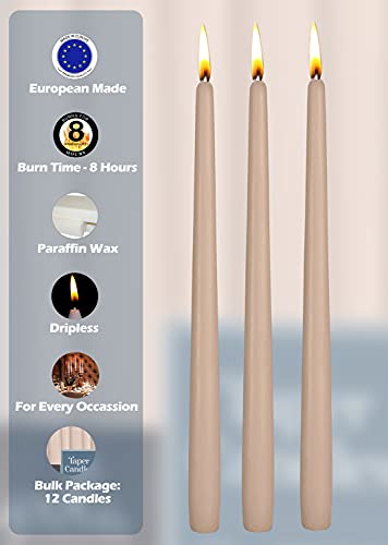 12 Pack Tall Taper Candles - 10 Inch Sahara Beige Dripless, Unscented Dinner Candle - Paraffin Wax With Cotton Wicks - 8 Hour Burn Time #TOP3