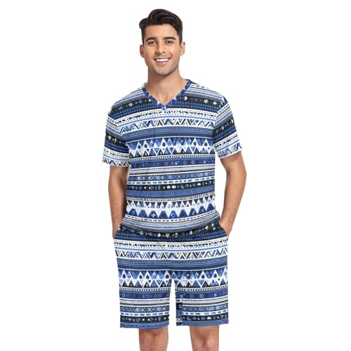 Blue Aztec Men’s Pajama Sets 2 Piece Short Sleeve Sleepwear with Printed Design