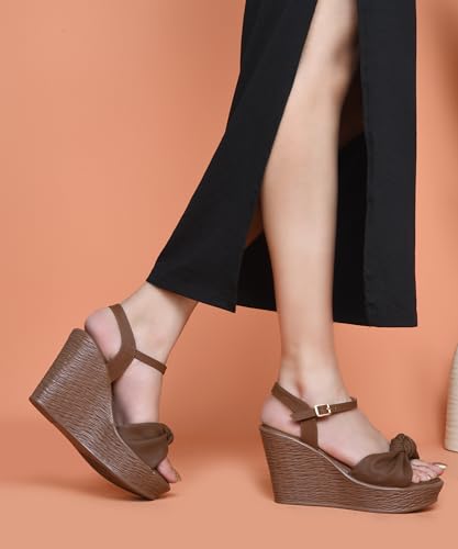 Image of JM LOOKS Elegant Ruched Knot Wedge Sandals with Woven Texture Heel and Adjustable Ankle Strap Comfort
